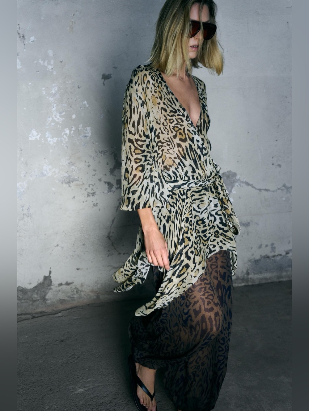ZARA Leopard Print Flowy Asymmetric Hem Belted Tunic Top. L NWT